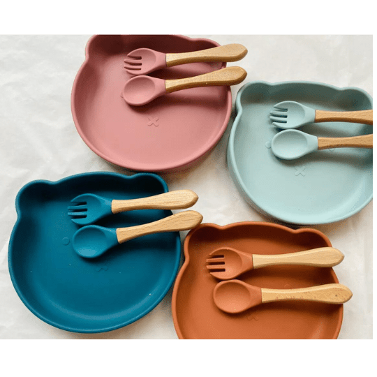 Set de repas + verre & couvert Ours - Bleu pour bébé - Pour les mômes